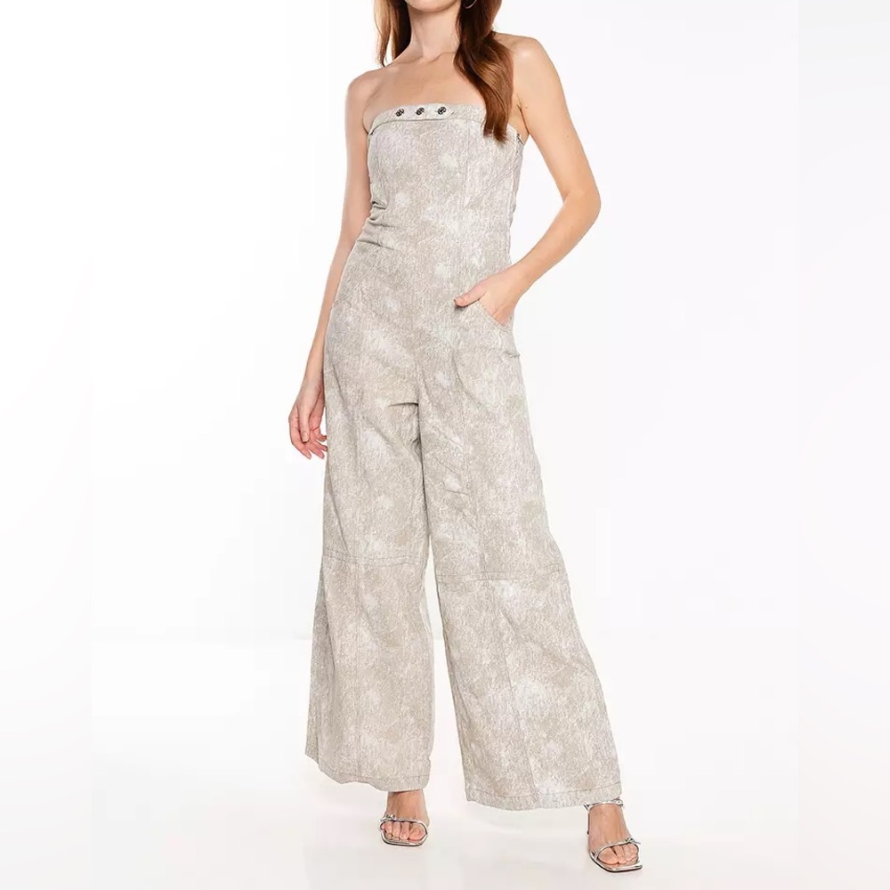 Zara Strapless Wide-Leg Jumpsuit in Light Beige Print